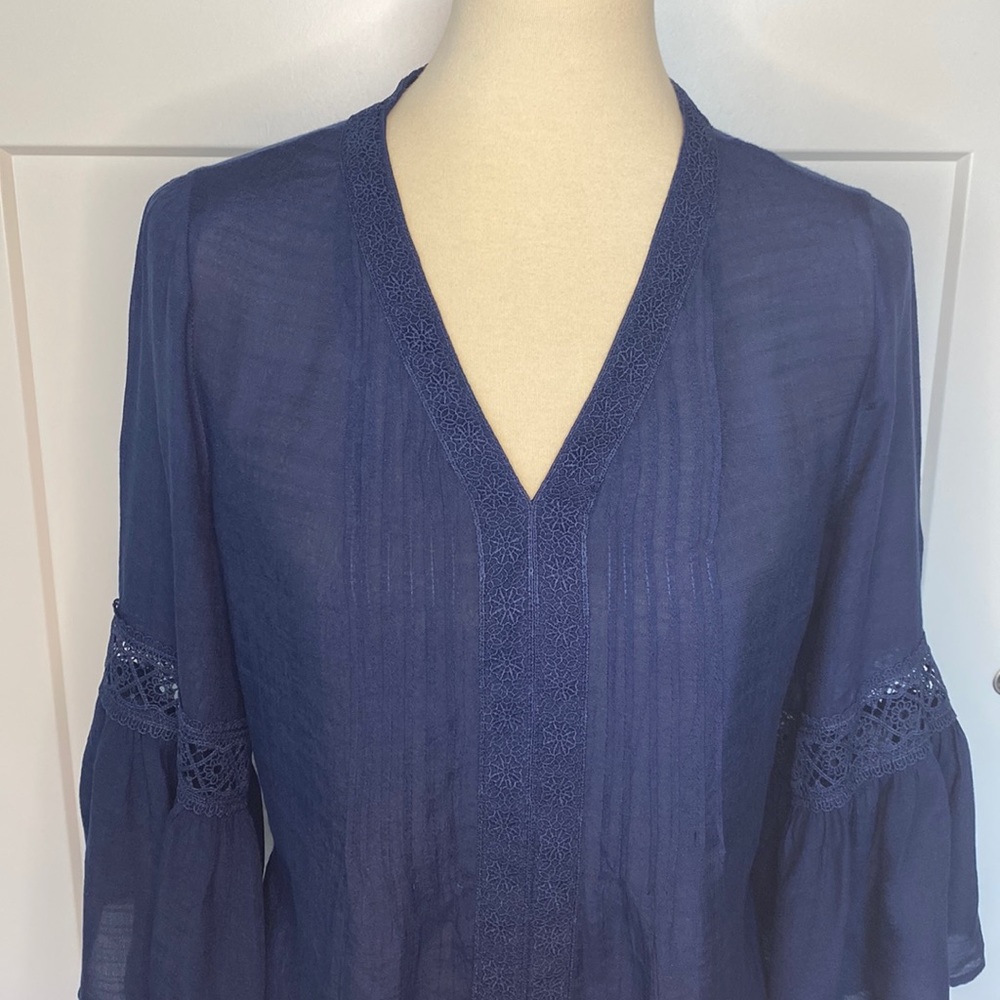 Counterparts V-Neck Semi-Sheer 3/4 Bell Sleeve Blouse